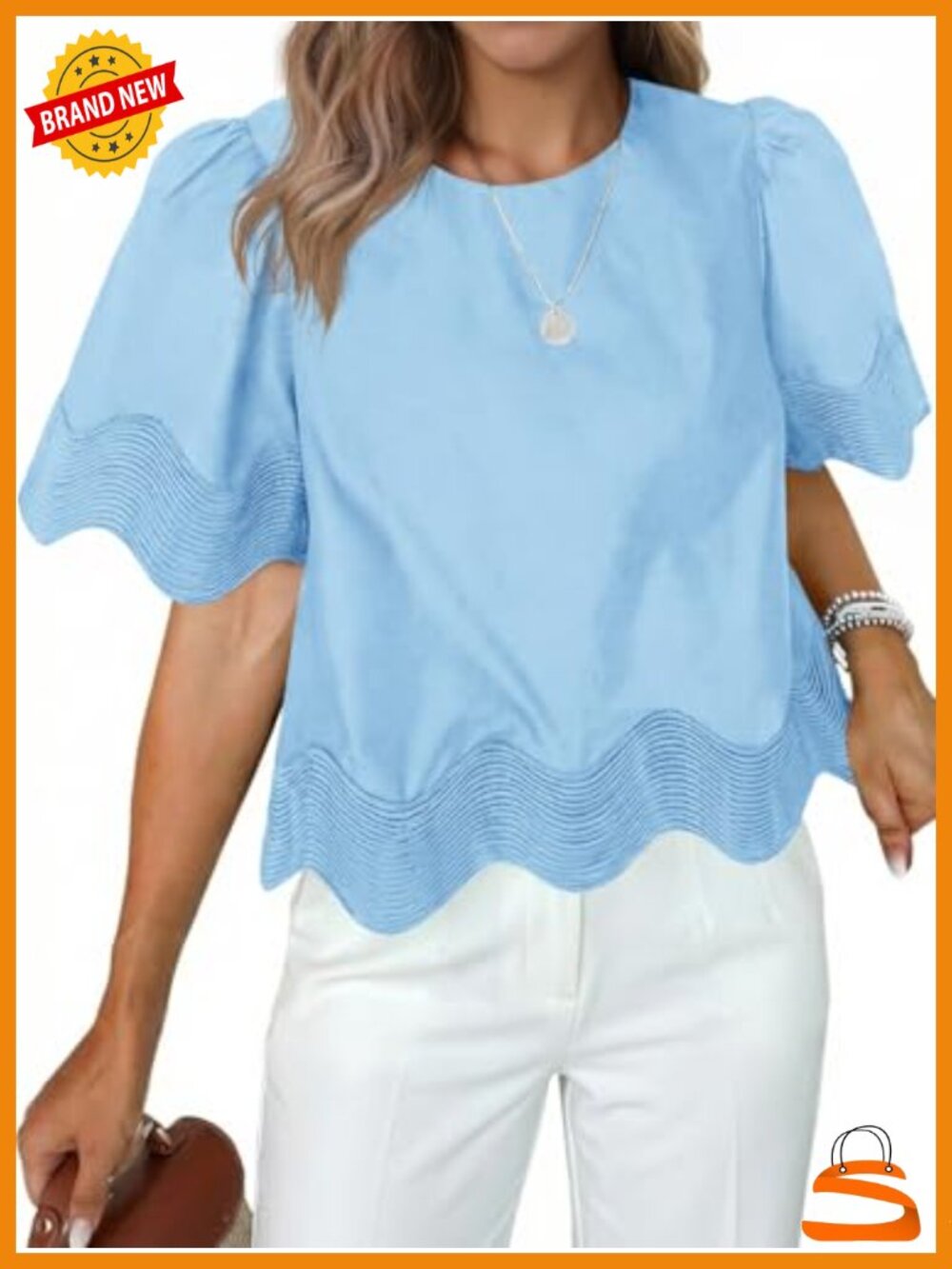 Womens Short Sleeve Crop Top Scalloped Flowy Blouse Crewneck Ruffle Loose Fit